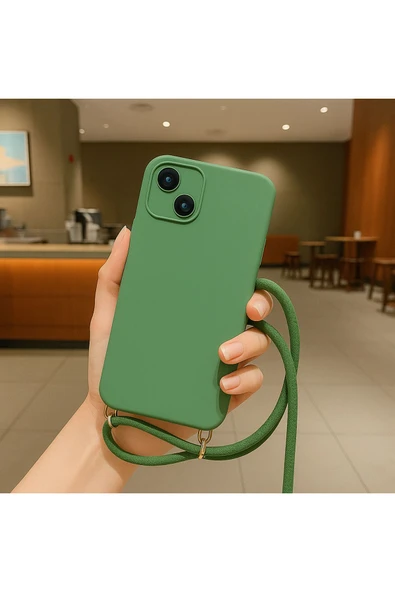 Coverzone iPhone 13 ile uyumlu İpli Boyun Askılı Silikon Kılıf Kadife iç Yüzeyli Epiphany Kılıf Yeşil ürün görseli