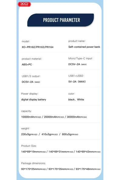 Xo PR164 PowerBank 30000 mAh,Led Gösterge,5 Cihaz Şarj,Entegre 3'lü Kablo Lightning,Micro USB,Type-C - 7