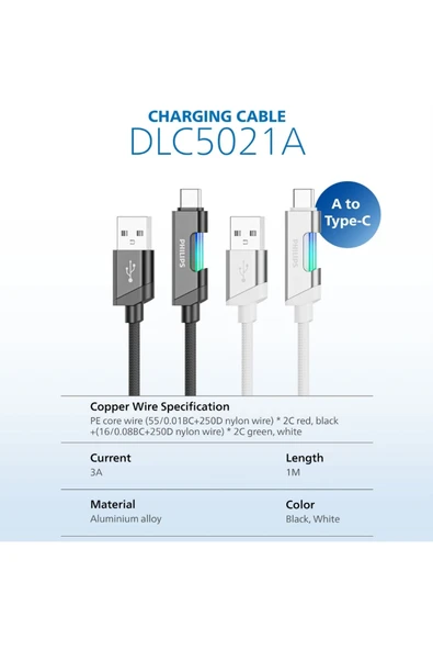 Philips USB-Type-C Şarj Kablosu,Hızlı Şarj,3A Yüksek Akım,1 Metre,Örgü Kablo,Çok Renkli Işık,DLC5021A - 2