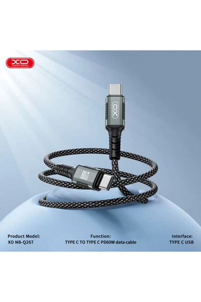 Xo 60W Hızlı Şarj Kablosu Type-C | NB-Q267 | Örgülü Organize Manyetik Şarj Kablosu | 1 Metre | Siyah - Resim 3