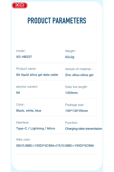 Xo Hızlı şarj kablosu 6A Max,1.2 Metre, Hızlı Şarj,5.8mm Silikon Tasarım,Dayanıklı Kablo,NB227 - Resim 6
