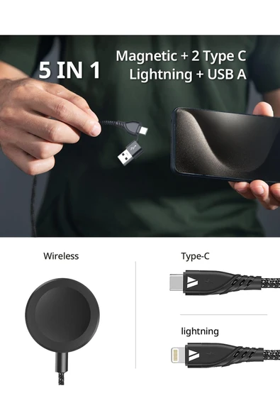 Coverzone 5in1 Şarj Kablo, 100W + 27WPD USB to Type-C Kablo, 120 cm USB to Type C / Lightning ZR792 - 4