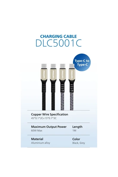 Philips USB-C Şarj ve Data Kablosu, 60W, Hızlı Şarj, 3A Yüksek Akım, 1 Metre, Dayanıklı Örgü Kablo,DLC5001C - Resim 2