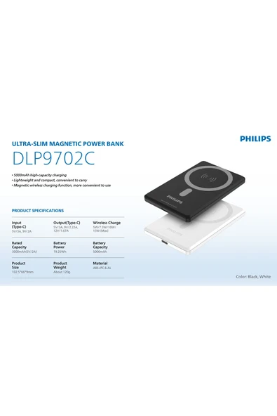 Philips MagSafe Powerbank,5000mAh,Kablosuz Hızlı Şarj,15W,Li-Po,Korumalı Şarj,Güçlü Mıknatıs,DLP9702C - 2