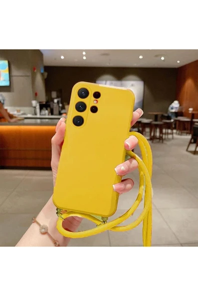 Coverzone iPhone 14 Pro Max ile uyumlu İpli Boyun Askılı Silikon Kılıf Kadife iç Yüzeyli Epiphany Kılıf Sarı ürün görseli