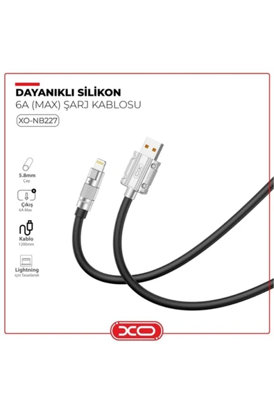 Xo -NB227 IP Siyah USB Lightning 6A Apple Iphone Ipad Silikon Şarj Kablosu - Resim 2