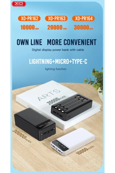 Xo PR164 PowerBank 30000 mAh,Led Gösterge,5 Cihaz Şarj,Entegre 3'lü Kablo Lightning,Micro USB,Type-C - 2