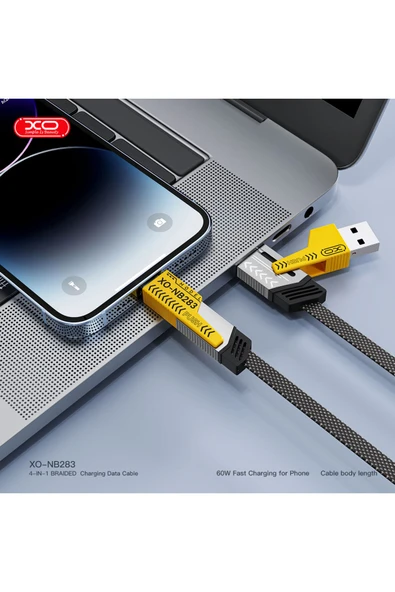 Xo 60W Hızlı Şarj Kablosu 4ü1 Arada,NB283,1 Metre,2 Type-C,USB-A,Lightning,Örgü Dayanıklı Kablo,Siyah - Resim 2