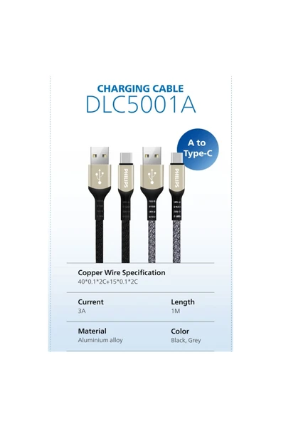 Philips USB-C Şarj ve Data Kablosu, Hızlı Şarj, 3A Yüksek Akım, 1 Metre, Dayanıklı Örgü Kablo,DLC5001A - 2