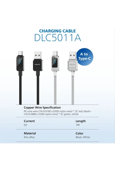 Philips USB-A-Type-C Şarj Kablosu,60W,Hızlı Şarj,6A Yüksek Akım,1 Metre,Örgülü,Dijital Gösterge,DLC5011A - Resim 2
