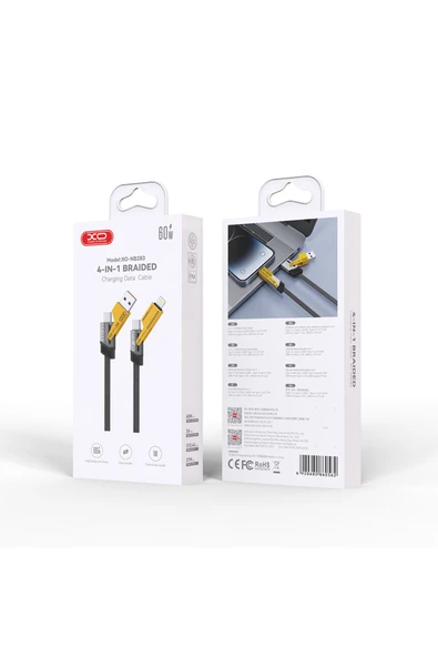 Xo 60W Hızlı Şarj Kablosu 4ü1 Arada,NB283,1 Metre,2 Type-C,USB-A,Lightning,Örgü Dayanıklı Kablo,Siyah - Resim 5