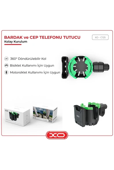 Xo Motosiklet Bisiklet Bebek Arabası Gidon Sabitlemeli Bardaklık Termos Telefon Tutucu 2 In 1 C125 - 2