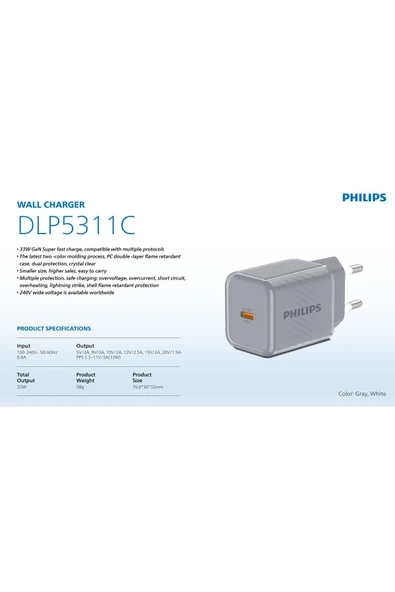 Philips Type-C Hızlı Şarj Adaptörü,33W Hızlı Şarj,Akıllı Telefon,Tablet Uyumlu,Power Delivery,3A,DLP5311C - 2