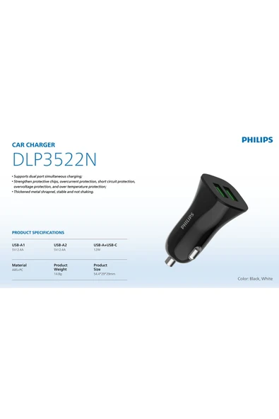Philips Çift USB-A Portlu Araç Şarj Adaptörü,5V 2.4A Çıkış,12-24V Giriş,Aşırı Isınma Şarj Korumalı,DLP3522N - 2