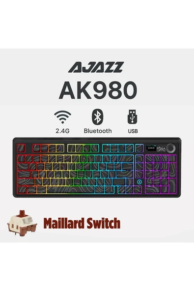 Coverzone Ajazz AK980 Ekranlı Mekanik Klavye RGB, Tam Boy Hot-Swap 3 Modlu 8000 Mah Siyah Maillard Switch - 2
