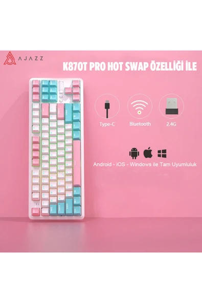 Coverzone Ajazz K870T Pro Kablosuz Hot Swap Mekanik Oyun Klavyesi-RGB Beyaz - Red Switch - 8