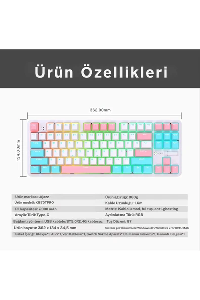 Coverzone Ajazz K870T Pro Kablosuz Hot Swap Mekanik Oyun Klavyesi-RGB Beyaz - Red Switch - 6