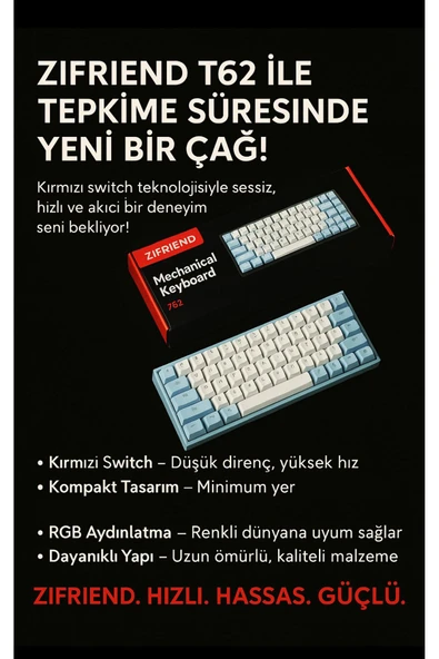 Coverzone ZIFRIEND Türkçe Q Tuş Dizilimi RGB Mekanik Oyuncu Klavye - Kırmızı Switch T62 - 3