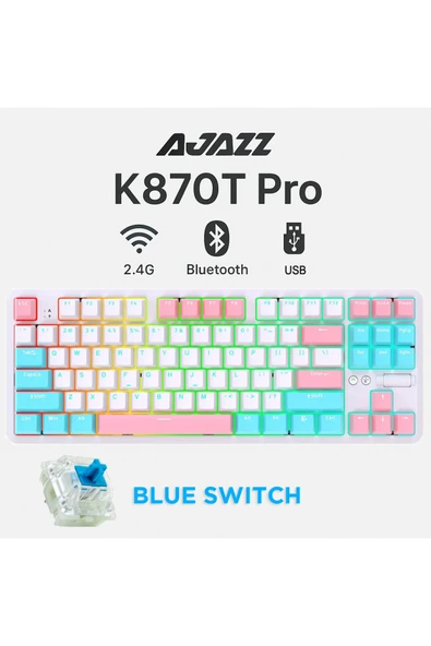 Coverzone Ajazz K870T Pro Kablosuz Hot Swap Mekanik Oyun Klavyesi-RGB Beyaz - Blue Switch - 6