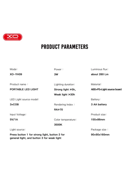 Xo LED Aydınlatma Lambası,280 Lumen,3 Aydınlatma Mod,3500K Sıcak Beyaz Işık,Kamp,Acil Durum,Ev İçi,YH09 - 8