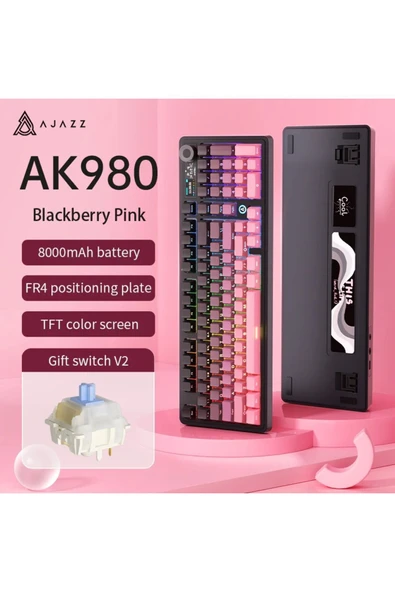 Coverzone Ajazz AK980 Ekranlı Mekanik Klavye RGB, Tam Boy Hot-Swap 3 Modlu 8000 Mah Pembe Gift Switch - 8