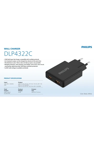 Philips USB Hızlı Şarj Adaptörü,33W PowerDelivery 3.0+QC 3.0,Çift Port USB-C ve USB-A,2 Cihaz Şarj,DLP4322C - 2