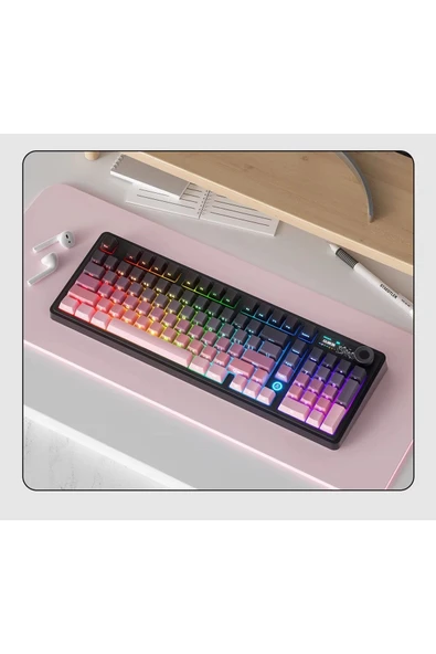 Coverzone Ajazz AK980 Ekranlı Mekanik Klavye RGB, Tam Boy Hot-Swap 3 Modlu 8000 Mah Pembe Gift Switch - 5