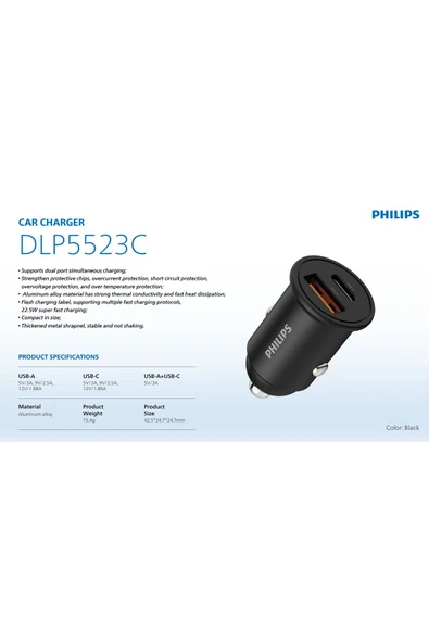 Philips Araç Hızlı Şarj,22.5W 3A Çıkış,12-24V Giriş,1 USB-A 1 TYPE-C Aşırı Isınma ve Şarj Korumalı,DLP5523C - 2