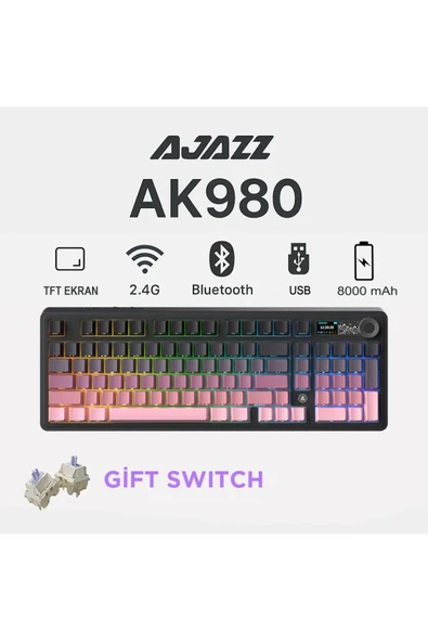 Coverzone Ajazz AK980 Ekranlı Mekanik Klavye RGB, Tam Boy Hot-Swap 3 Modlu 8000 Mah Pembe Gift Switch - 4