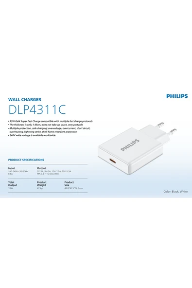 Philips Type-C Hızlı Şarj Adaptörü,33W PowerDelivery 3.0 + QuickCharge 3.0,Akım Korumalı,Slim Şarj,DLP4311C - 2
