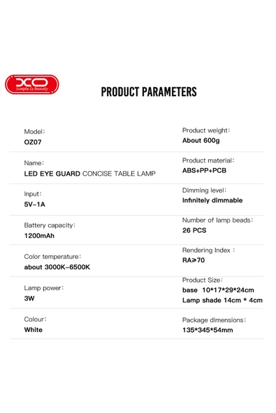 Xo OZ07 Kablosuz LED Masa Lambası,3 Modlu Ayarlanabilir Işık Seviyesi,Dokunmatik ve Kumandalı,1200mAh - 8