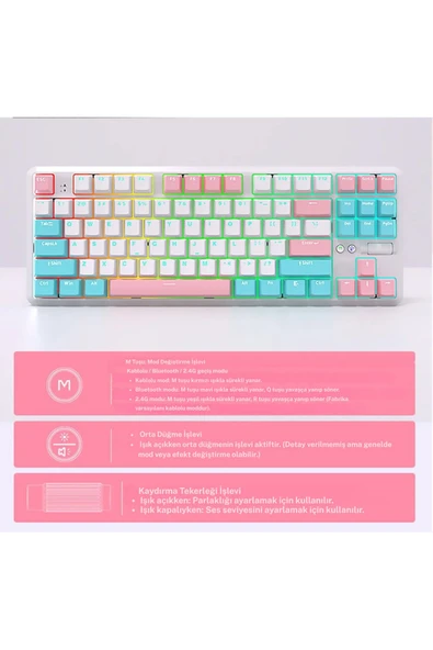 Coverzone Ajazz K870T Pro Kablosuz Hot Swap Mekanik Oyun Klavyesi-RGB Beyaz - Red Switch - 3