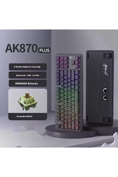 Coverzone Ajazz AK870 Plus 3 Modlu Kontur Tasarım Mekanik Oyun Klavyesi Avokado Switch - Siyah Desenli - 2
