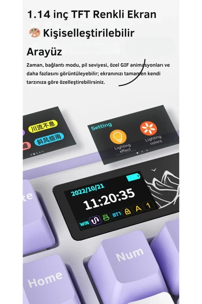 Coverzone Ajazz AK980 Ekranlı Mekanik Klavye RGB, Tam Boy Hot-Swap 3 Modlu 8000 Mah Pembe Gift Switch - 2