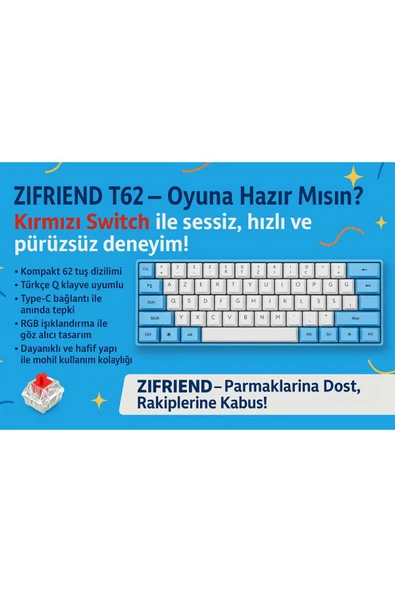 Coverzone ZIFRIEND Türkçe Q Tuş Dizilimi RGB Mekanik Oyuncu Klavye - Kırmızı Switch T62 - 4