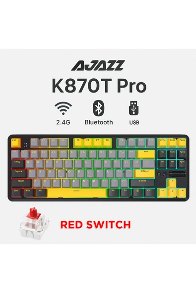 Coverzone Ajazz K870T Pro Kablosuz Hot Swap Mekanik Oyun Klavyesi-RGB Siyah - Red Switch - 7
