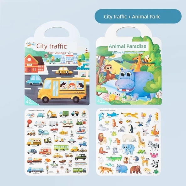 Yeniden Kullanılabilir Jel Çıkartma Kitabı - Hayvan Cenneti + Şehir Trafiği (2 Paket)