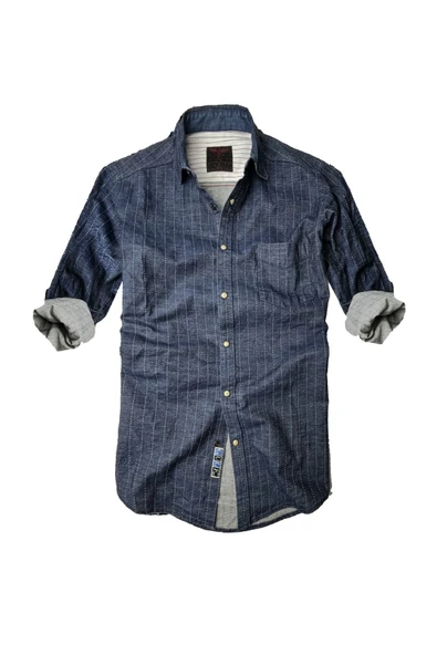 Slim Fit Saf Pamuk Denim Kumaş Kot Gömlek--koyu Çizgi--