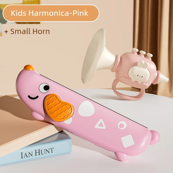 Çocuklar için Harmonik - 16 Delik Sevimli Köpek - Pembe + Sevimli Tavşan Trompeti