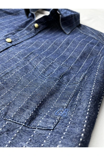 Slim Fit Saf Pamuk Denim Kumaş Kot Gömlek--koyu Çizgi-- - 3