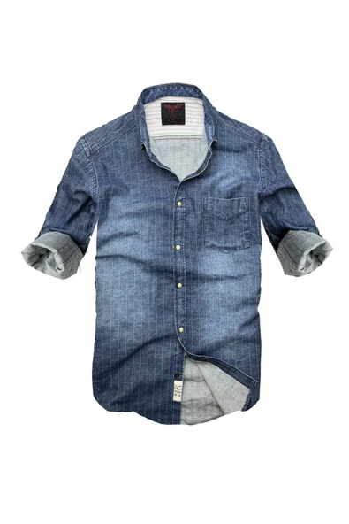 Slim Fit Saf Pamuk Denim Kumaş Kot Gömlek--laci Çizki Eskitme-