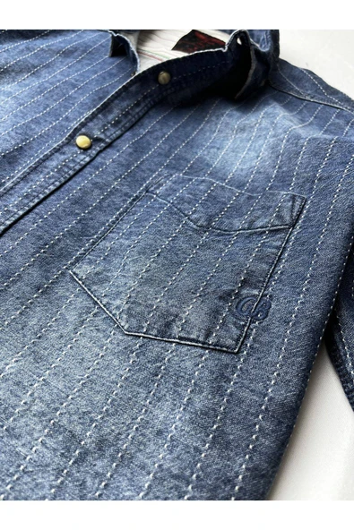 Slim Fit Saf Pamuk Denim Kumaş Kot Gömlek--laci Çizki Eskitme- - 2