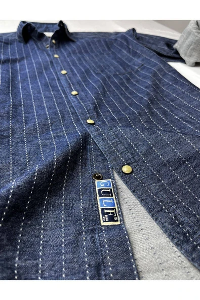 Slim Fit Saf Pamuk Denim Kumaş Kot Gömlek--koyu Çizgi-- - 2