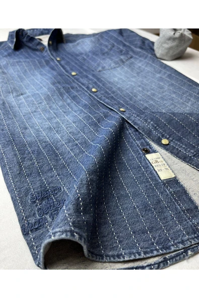 Slim Fit Saf Pamuk Denim Kumaş Kot Gömlek--laci Çizki Eskitme- - 3