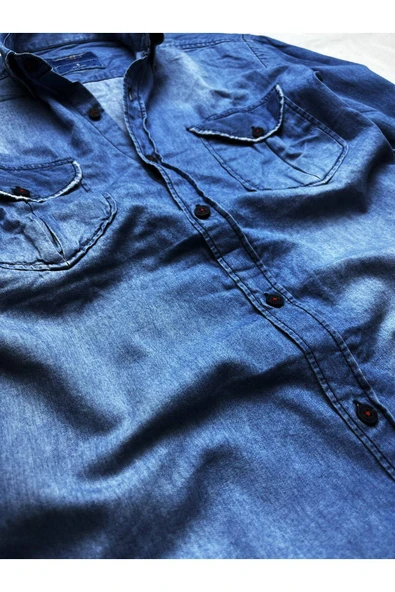 Slim Fit Saf Pamuk Denim Kumaş Kot Gömlek- -koyu Mavi-- - 3
