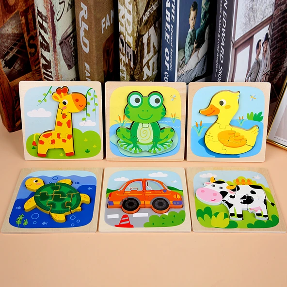 Ahşap 3D Hayvan Bulmacası - Zürafa, Kurbağa, Ördek, Kaplumbağa, Araba, İnek