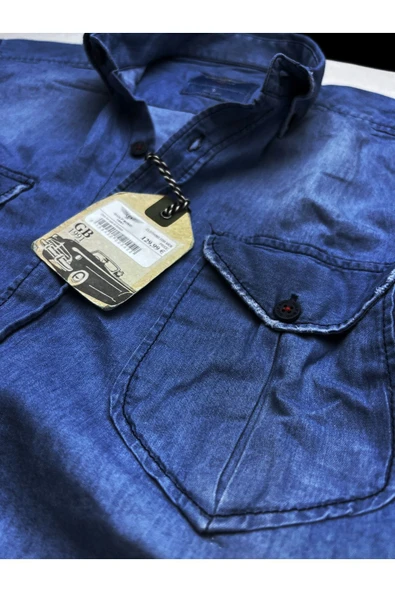 Slim Fit Saf Pamuk Denim Kumaş Kot Gömlek- -koyu Mavi-- - 2