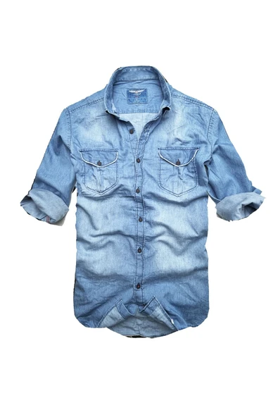 Slim Fit Saf Pamuk Denim Kumaş Kot Gömlek--çiftcep Mavi--
