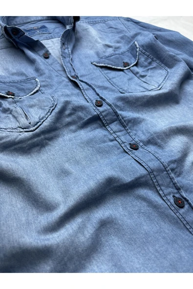 Slim Fit Saf Pamuk Denim Kumaş Kot Gömlek--çiftcep Mavi-- - 2