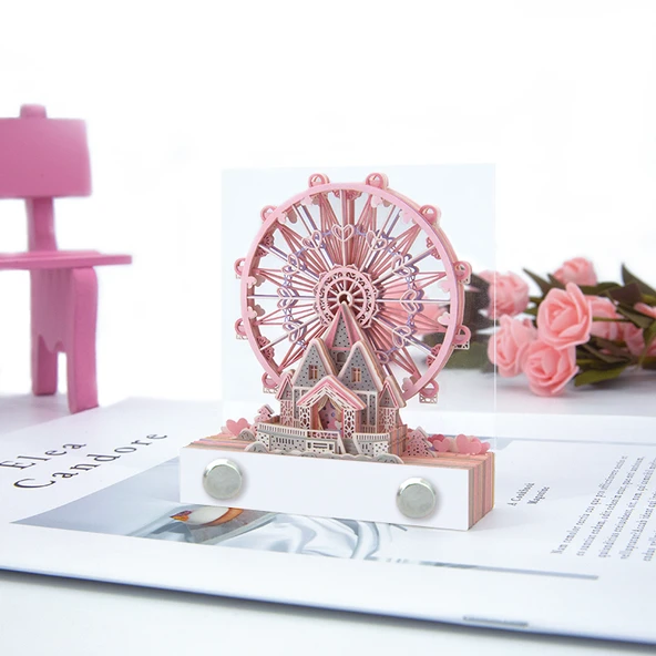 Romantik Rüya Kalesi Ferris Wheel Işıklı Kağıt Oyması 3D Not Defteri Hediye - Akrilik Kutulu